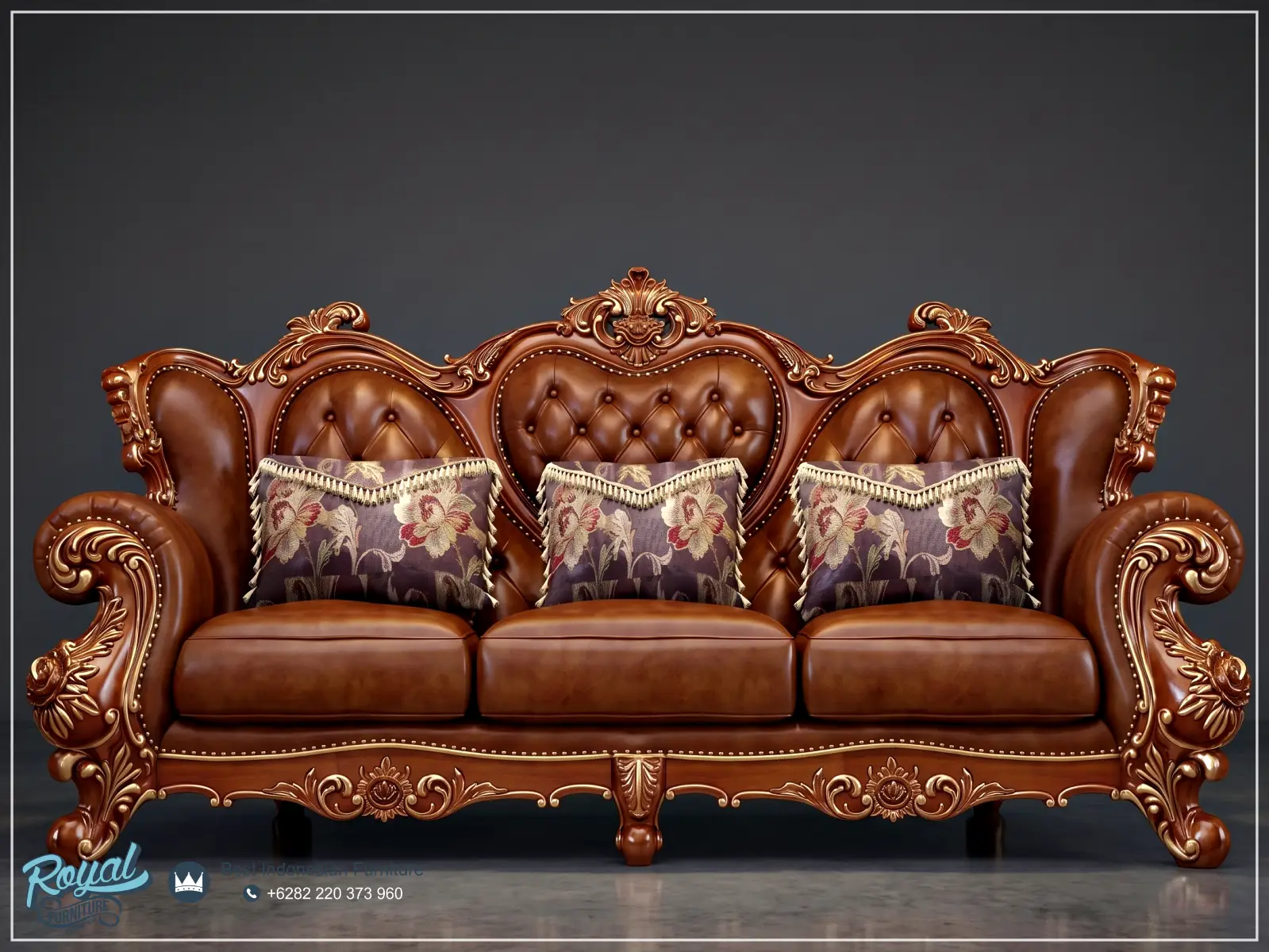 3 Seater Sofa Kulit Ukir Klasik Mewah Jepara Sentuhan Kemewahan Istana untuk Ruang Tamu Anda