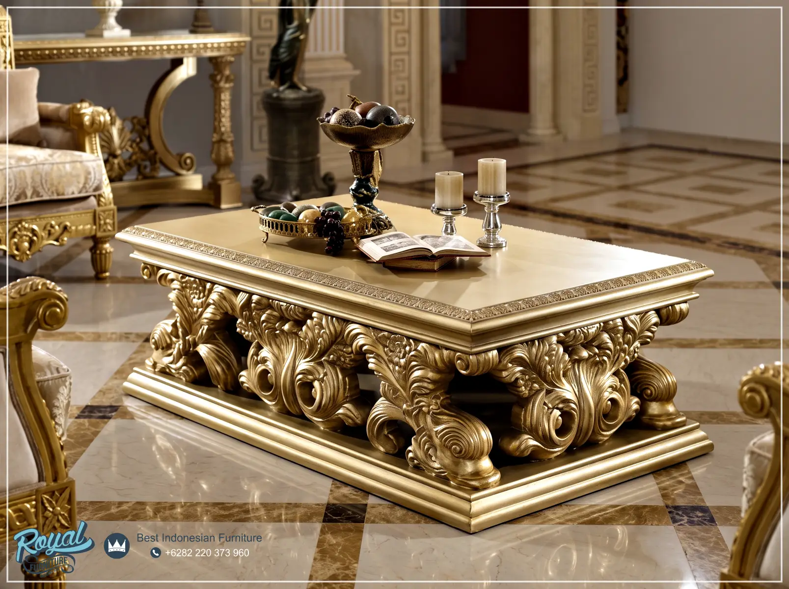 Meja Tamu Klasik Gold Classic European Ukir Jepara Metallic Style Elegan Prestisius