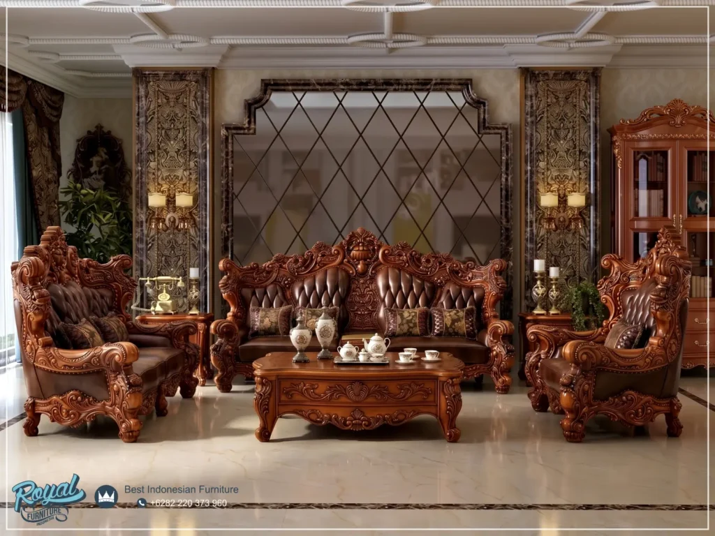 Original Leather Sofa Tamu Jati European Style Kayu Jati Ukiran Jepara