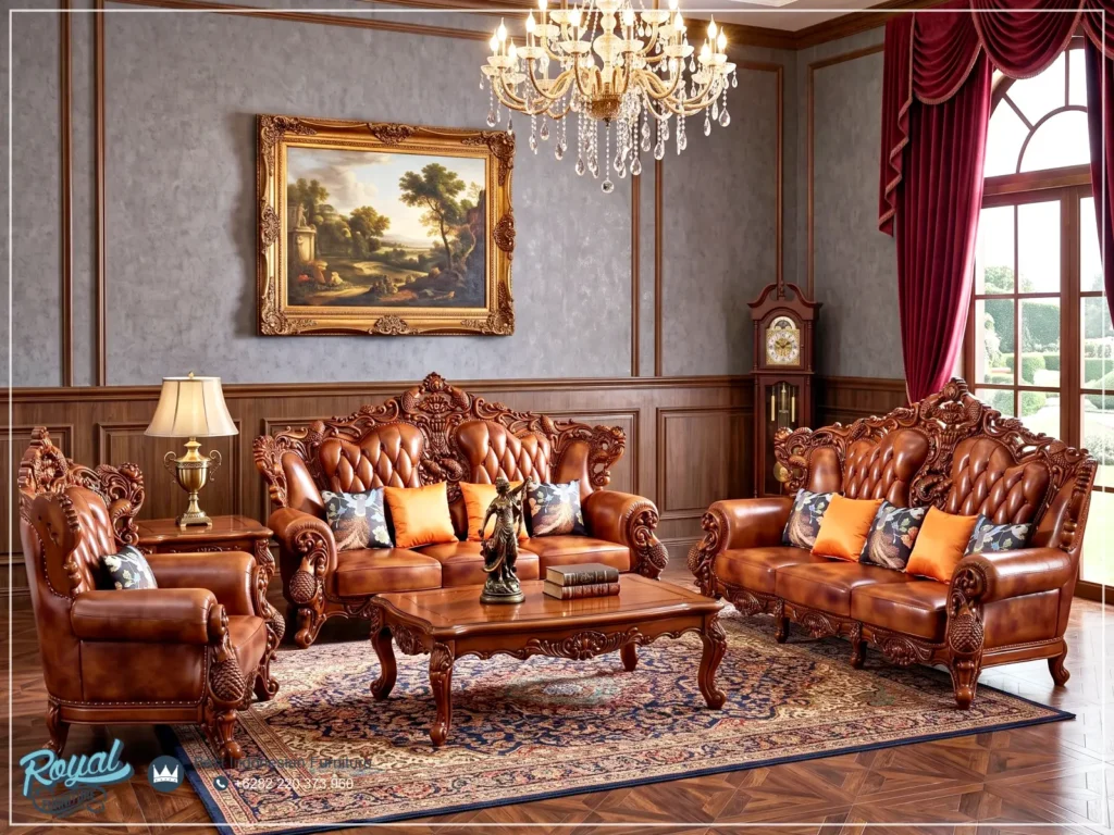 Ruang Tamu Sofa Kulit Ukir Klasik Mewah Jepara Kursi Tamu Jati Premium Style Royal Classic
