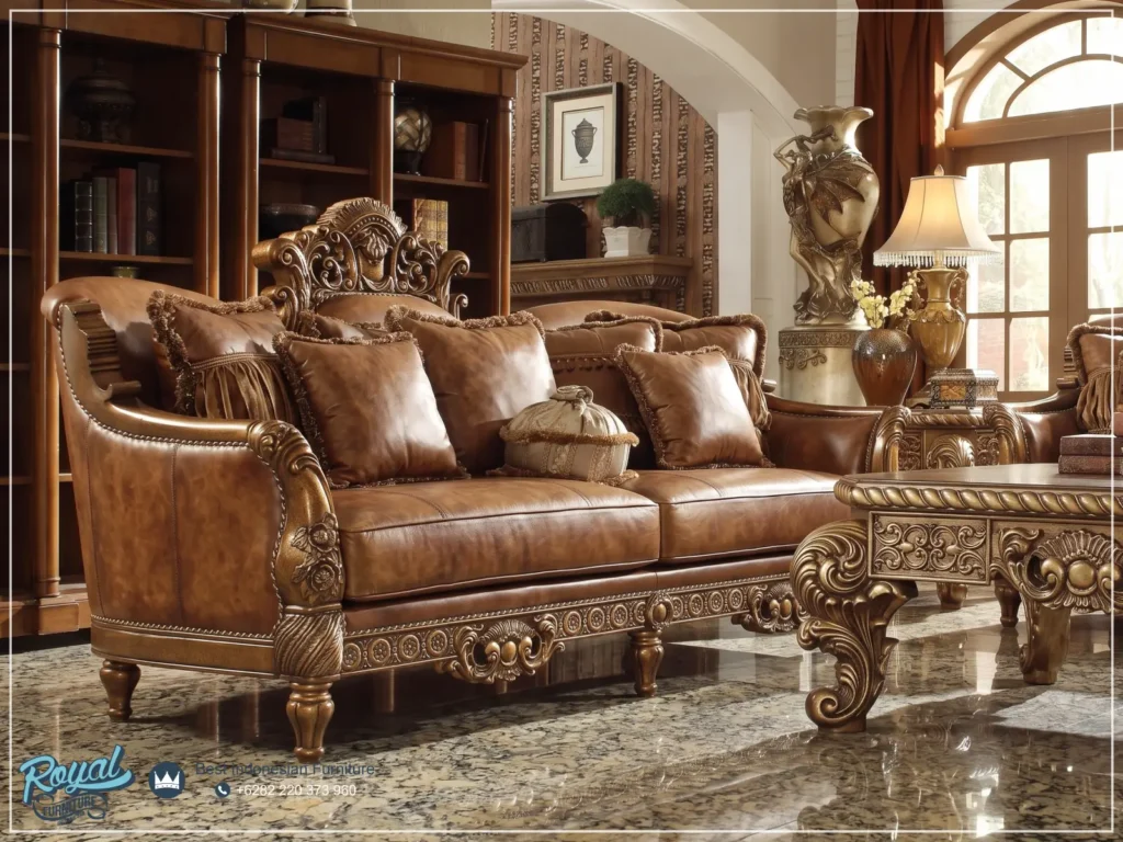 Sofa Kulit Asli Mewah Jati Klasik