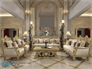 Sofa Tamu Klasik Gold Classic European Ukir Jepara Metallic Style Elegan Prestisius
