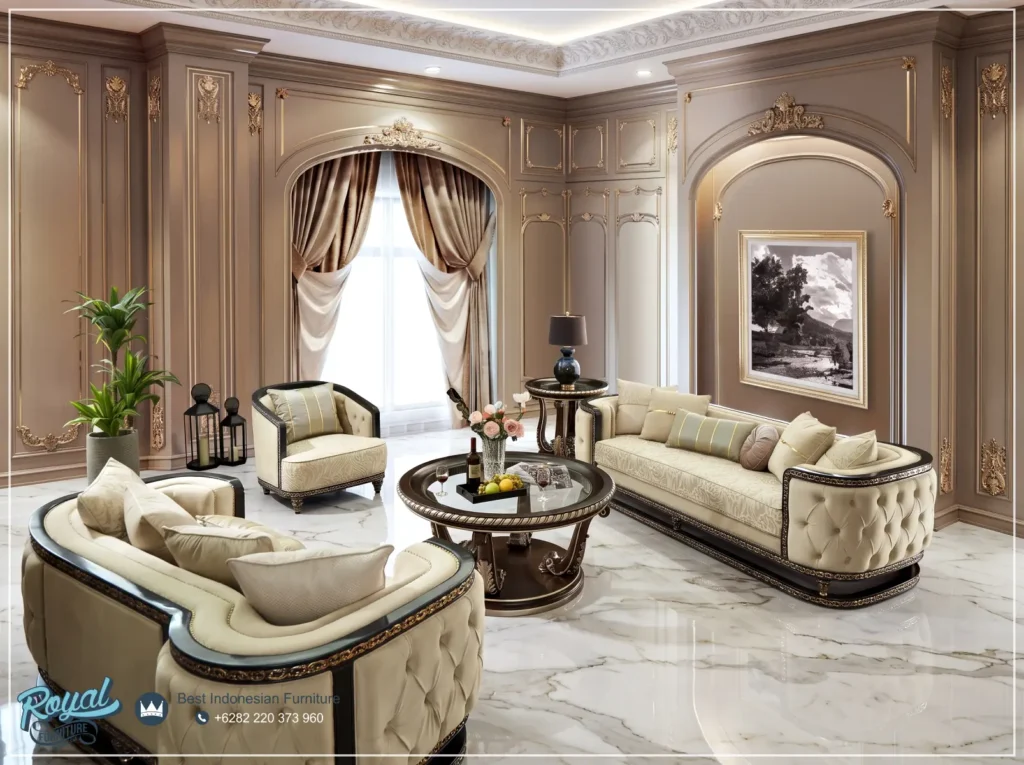 Sofa Tamu Klasik Modern Gaya Ruang Tamu Eropa memadukan ukiran kayu solid yang elegan dengan kenyamanan busa premium dan lapisan kain beludru atau kulit.
