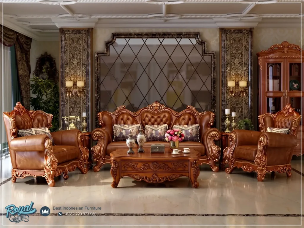 Sofa Tamu Kulit Ukir Klasik Mewah Jepara Sentuhan Kemewahan Istana untuk Ruang Tamu Anda