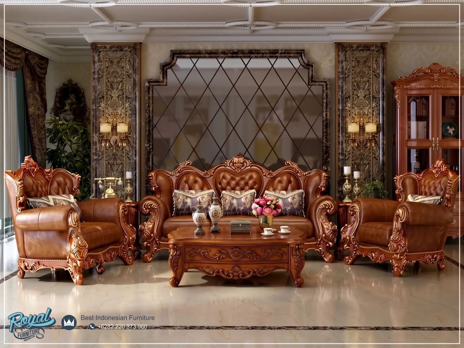 Sofa Tamu Kulit Ukir Klasik Mewah Jepara Sentuhan Kemewahan Istana untuk Ruang Tamu Anda