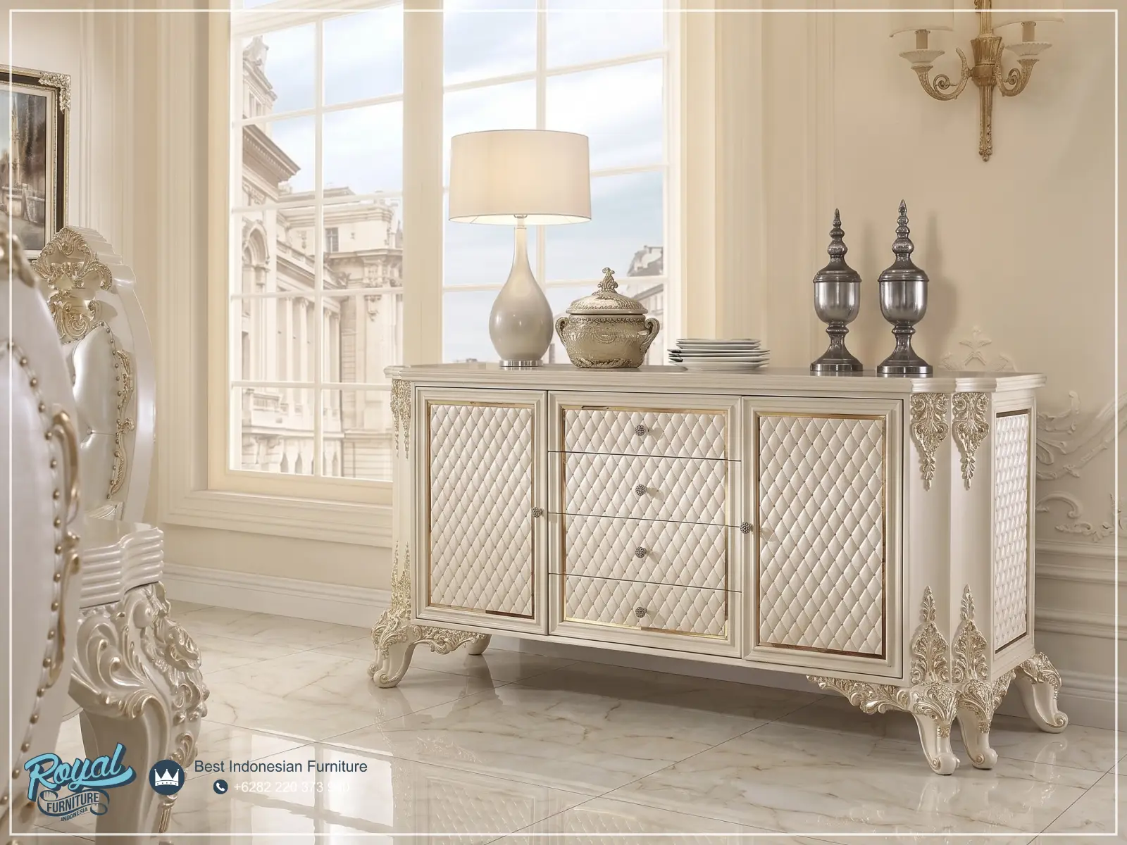 Bufet Console Dining Set Meja Makan Klasik Mewah Ukiran Jepara Royal Luxury Ivory Gold Terbaru