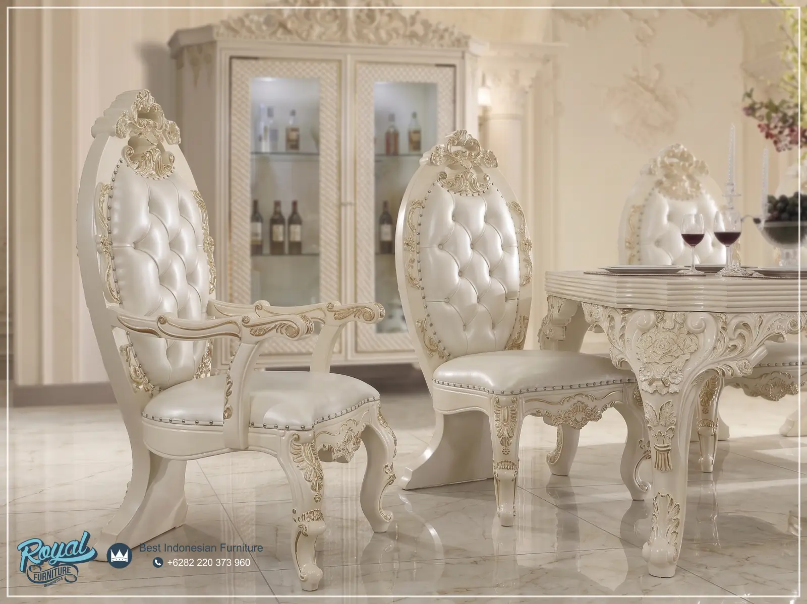 Dining Set Kursi Makan Klasik Mewah Ukiran Jepara Royal Luxury Ivory Gold Terbaru