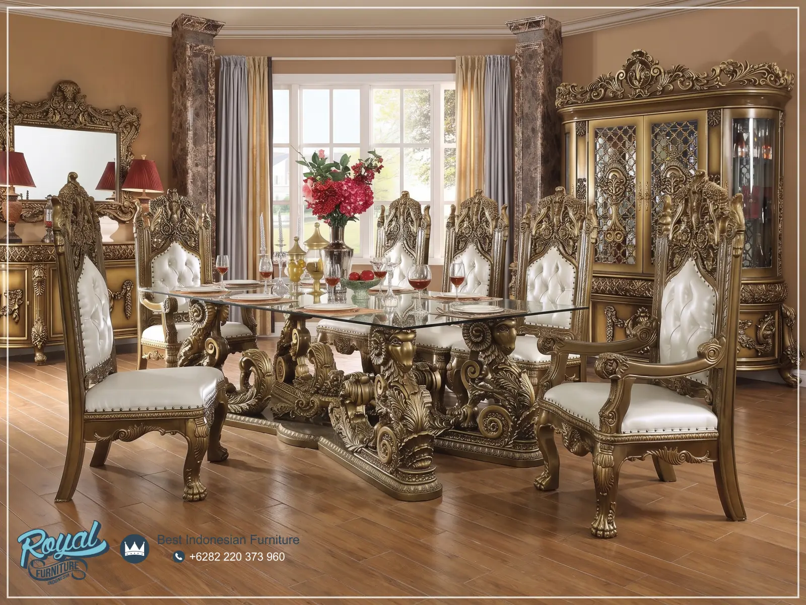 Dining Set Meja Makan Mewah Ukiran Jepara 8 Kursi Classic Royal
