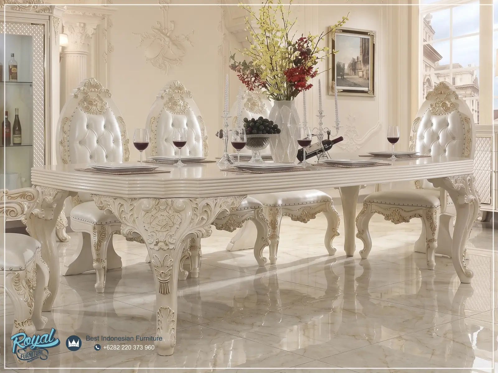 Dining Table Meja Makan Klasik Mewah Ukiran Jepara Royal Luxury Ivory Gold Terbaru
