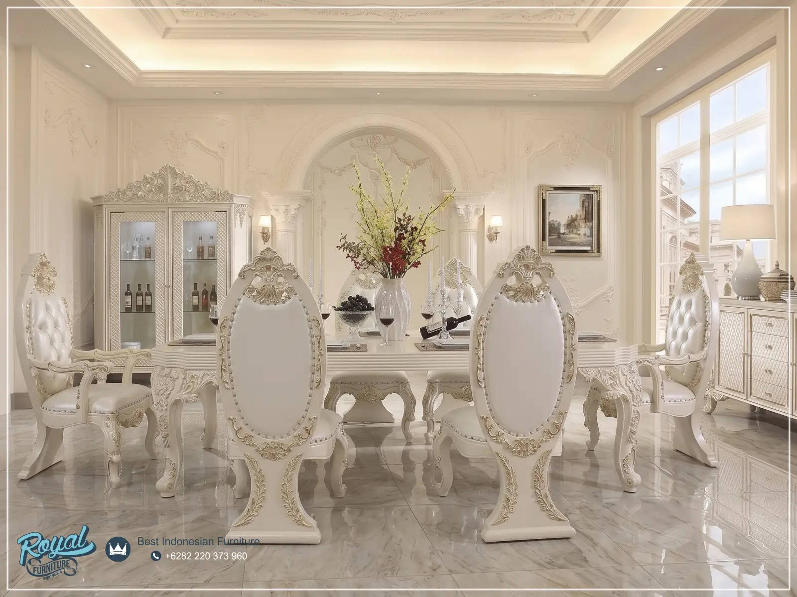 Furniture Set Meja Makan Klasik Mewah Ukiran Jepara Royal Luxury Ivory Gold Terbaru