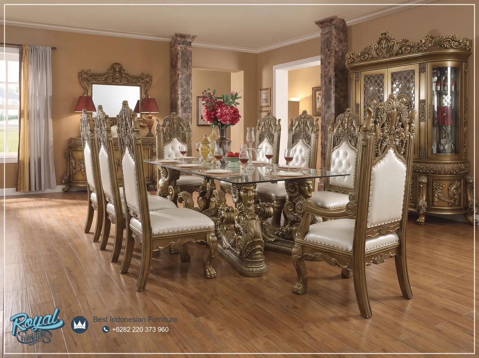Furniture Set Meja Makan Mewah Ukiran Jepara 8 Kursi Classic Royal